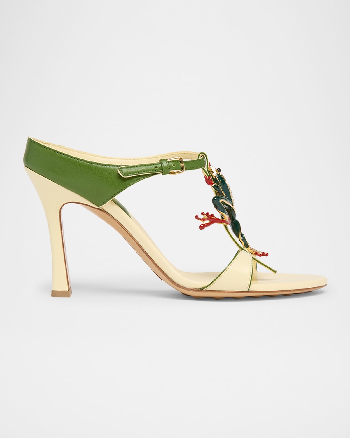 Bottega Veneta Rana Frog Embellished Leather Stiletto Mules In Camomile Avacado