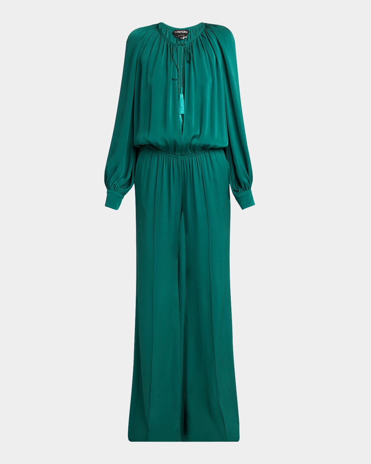 Long-Sleeve Gathered Viscose Crepe Cady Jumpsuit