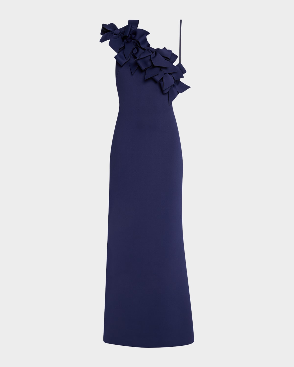 Badgley Mischka One-shoulder Bow Ruffle Scuba Gown In Navy
