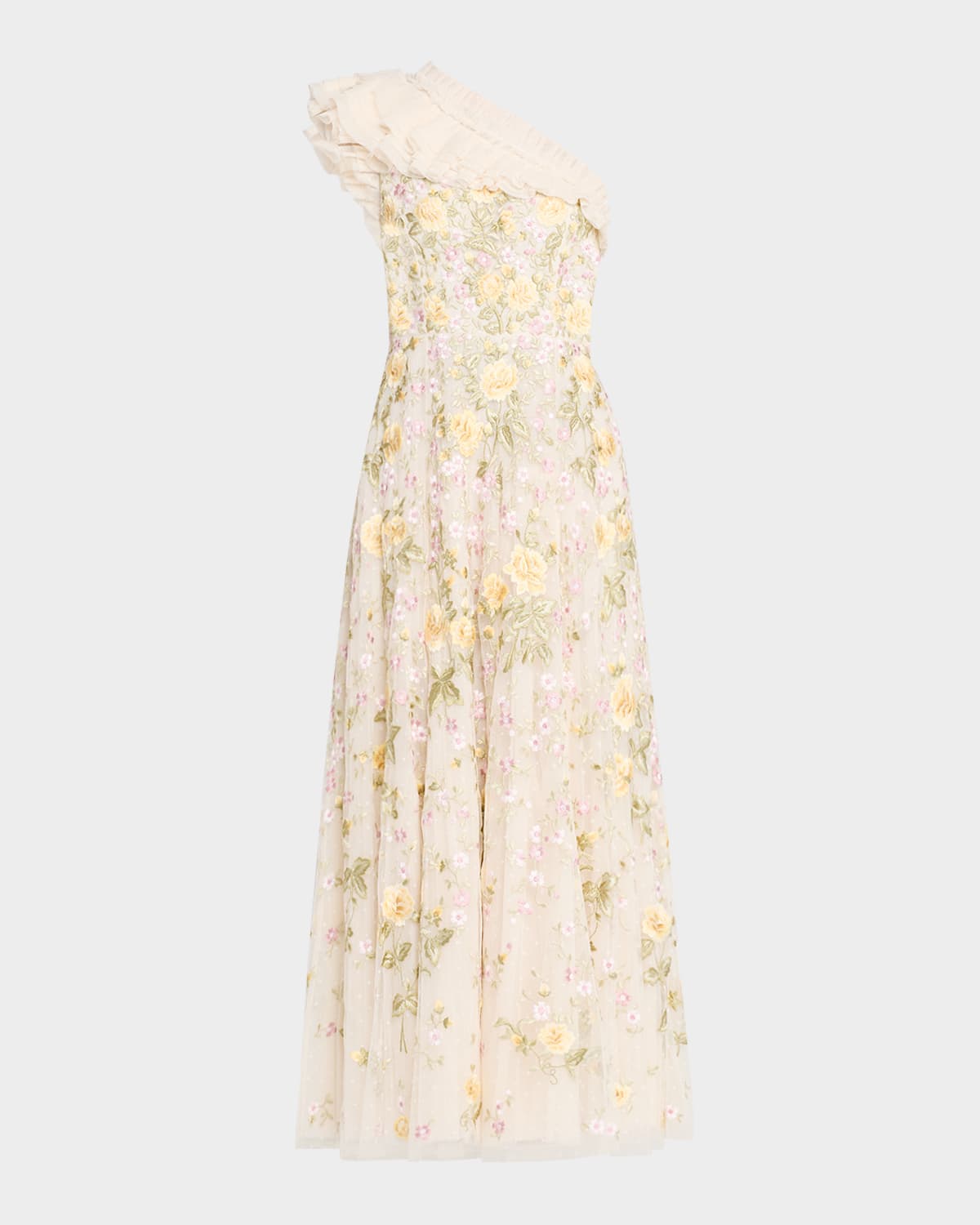 Needle & Thread Florine One-shoulder Embroidered Tulle Gown In Cream