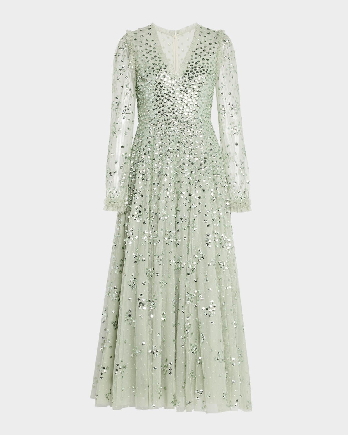 Needle & Thread Sequin-embellished Long-sleeve Gown In Bay Green