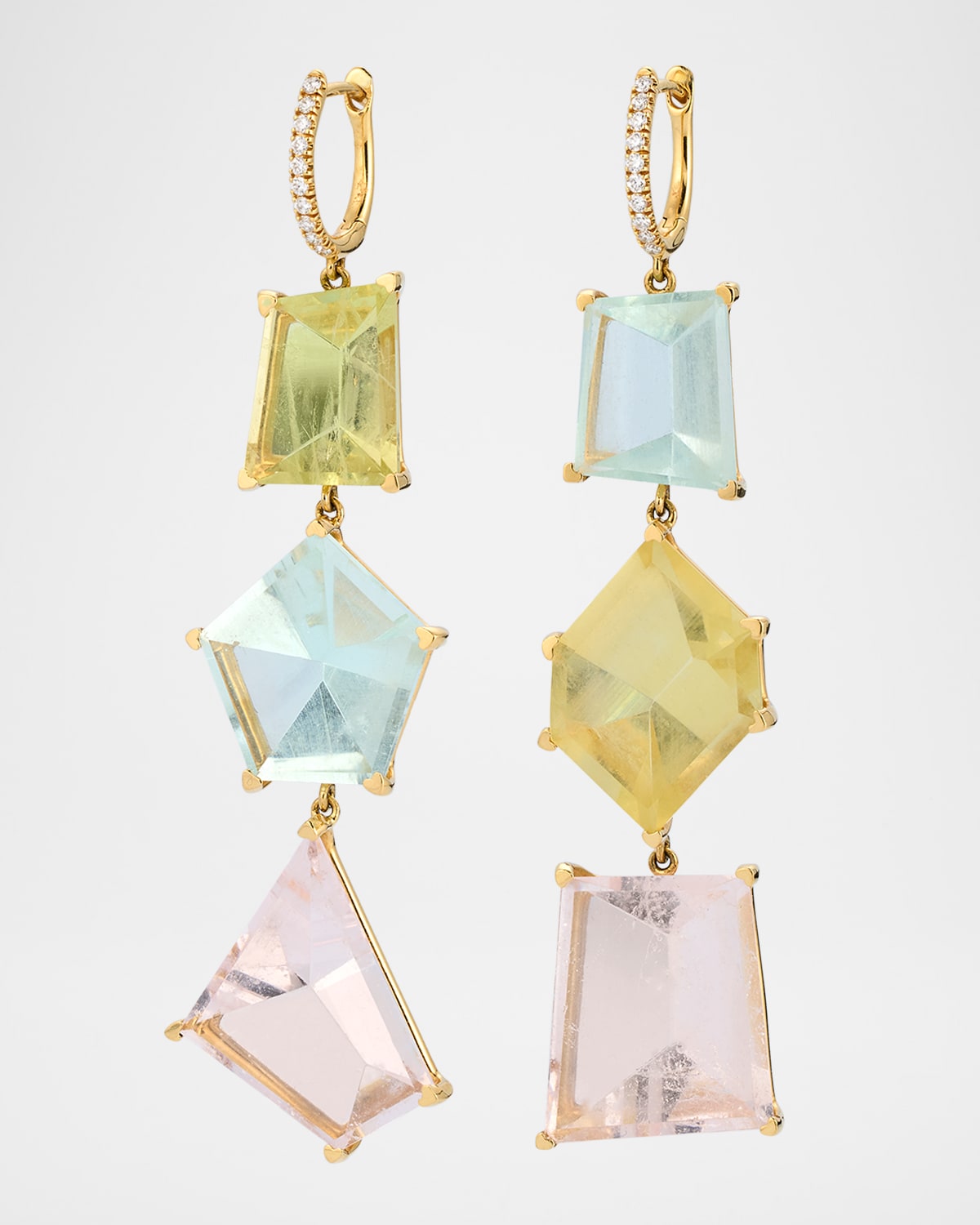 Asymmetric 18K Yellow Gold Pastel Multi Beryl and Diamond Drop Earrings
