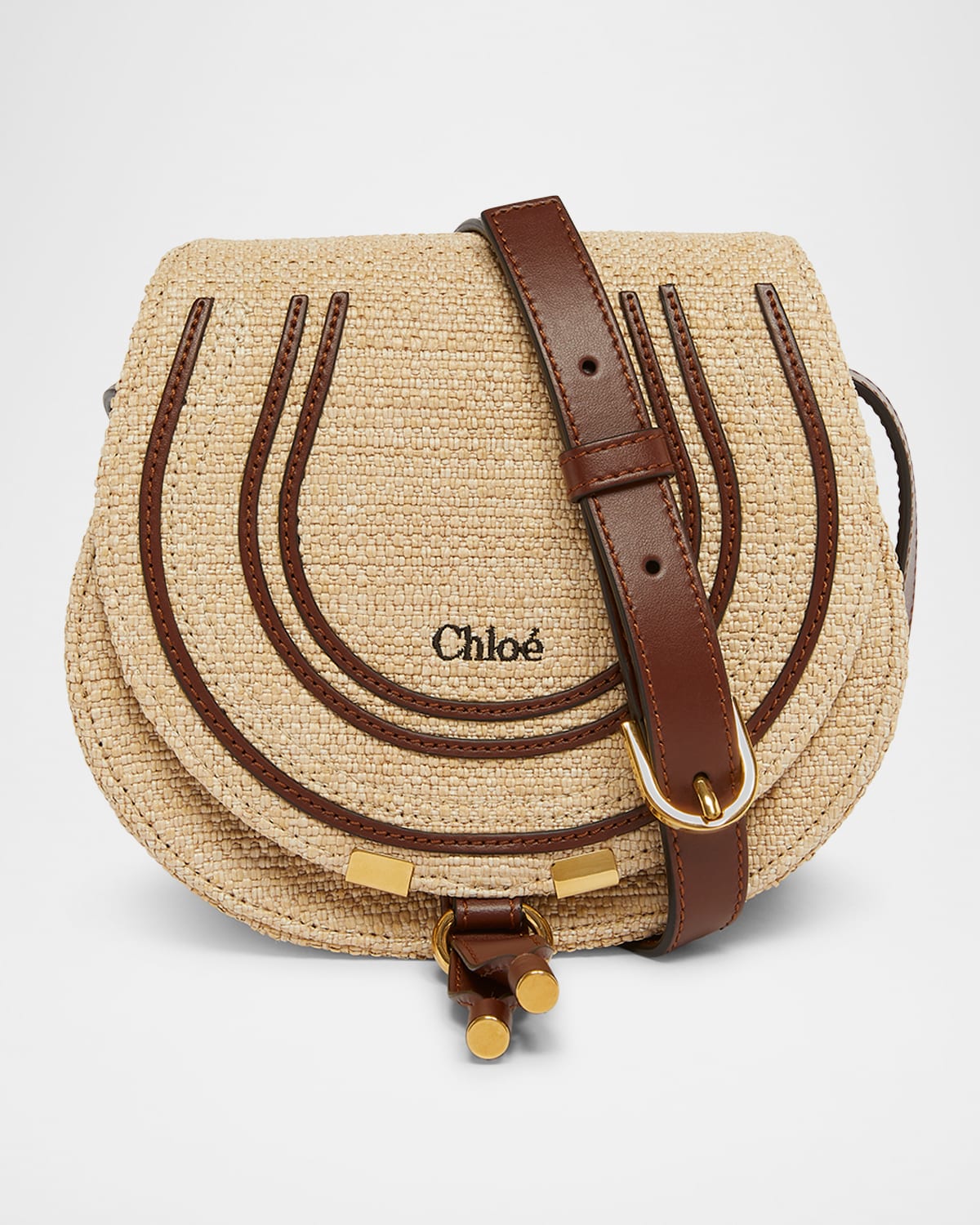 CHLOÉ MARCIE FLAP SADDLE CROSSBODY BAG IN RAFFIA FABRIC AND LEATHER 