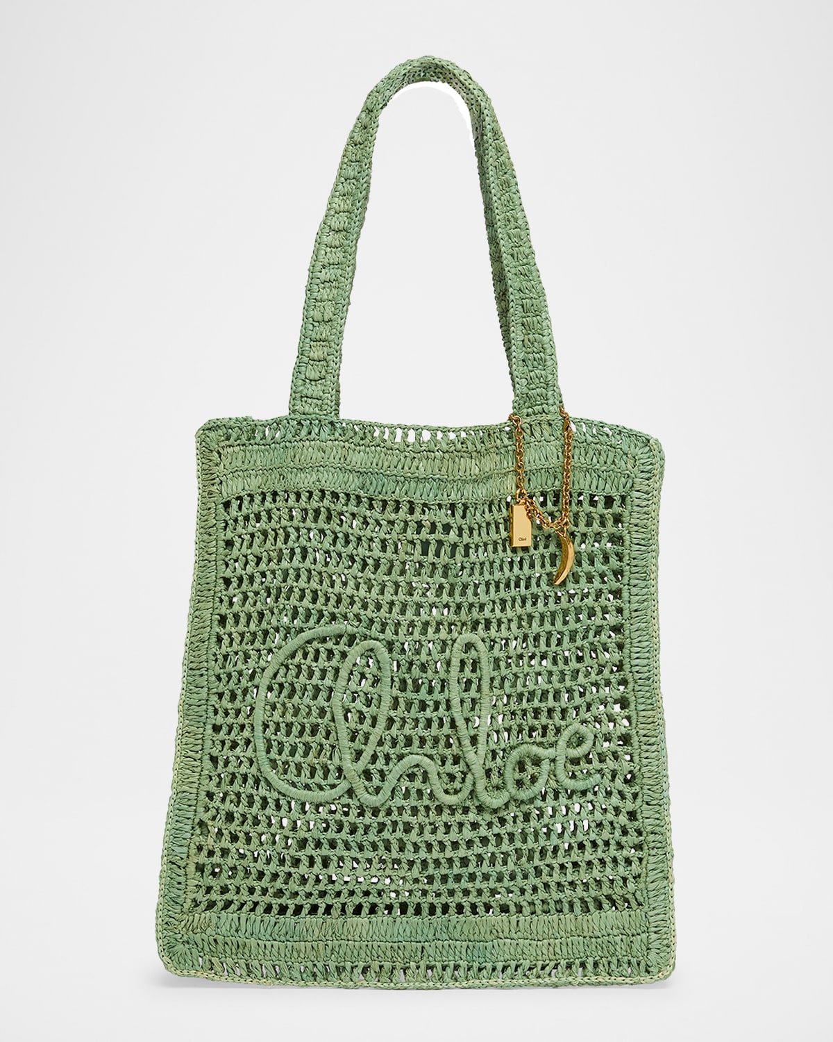 Shop Chloé Summer Banana Tote Bag In Crochet Fabric In Tea Leaf Green