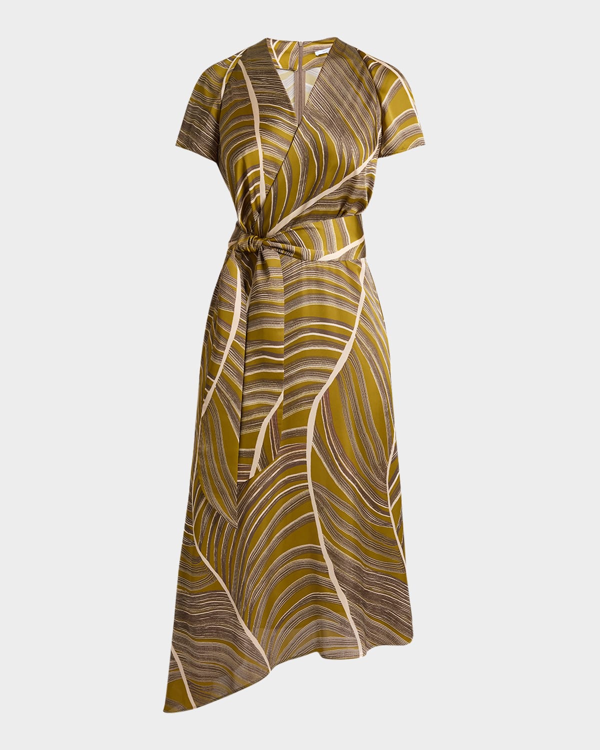 Santorelli Haley Cap Sleeve Faux Wrap Hi Lo Midi Dress In Printed Charmeuse In Coconut