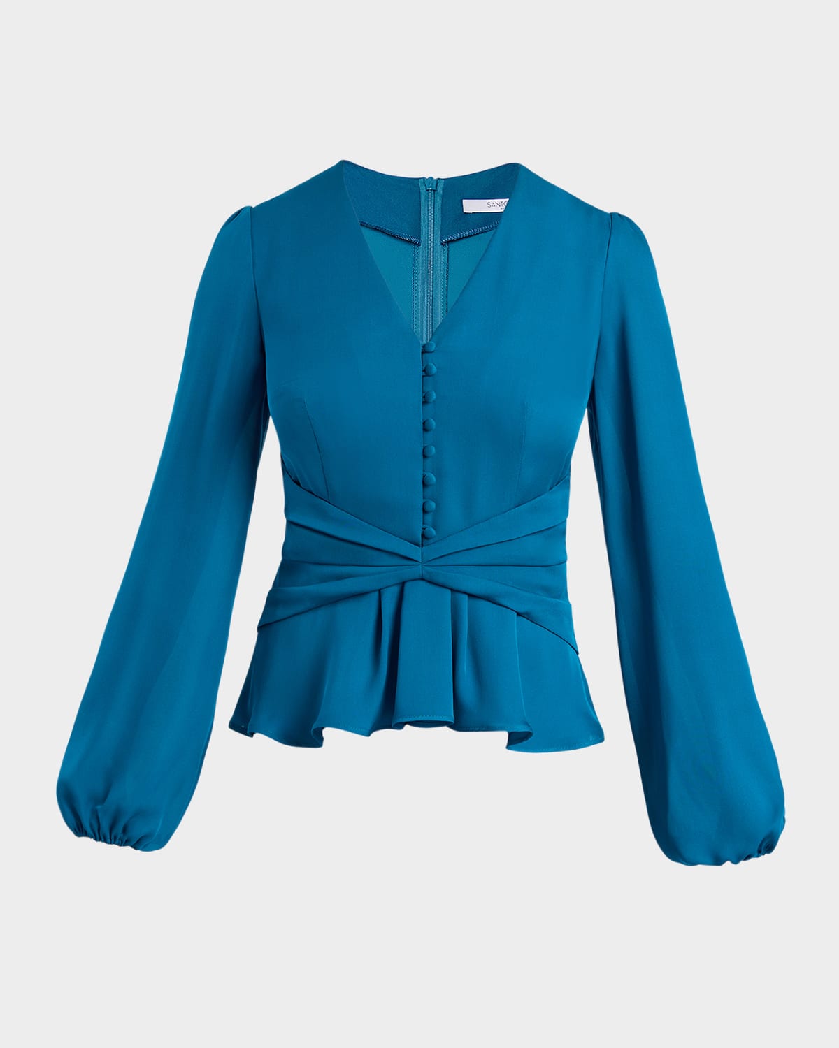 Santorelli Long Sleeve Blouse With Cinched Waist In Silk Georgette In Aquamarine