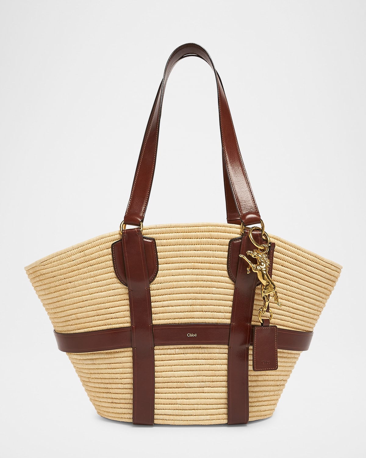 Shop Chloé Kerala Large Basket Tote Bag In Fabric And Leather In Dark Ebony