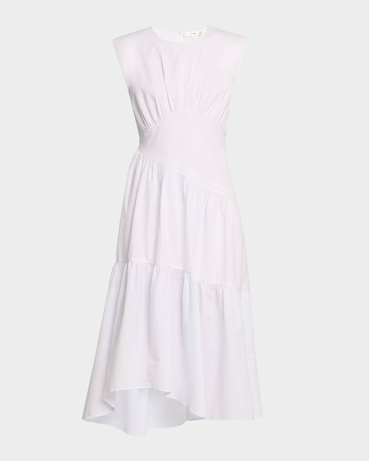 FRAME THE SEERSUCKER GATHERED SEAM MIDI DRESS 