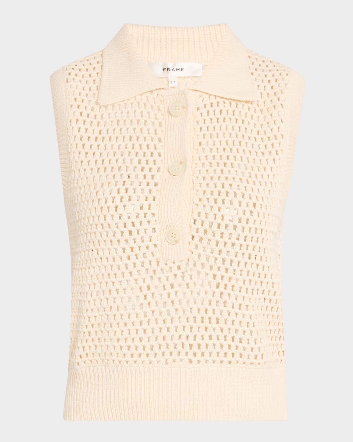 Frame Openwork Sleeveless Polo Sweater In Cream