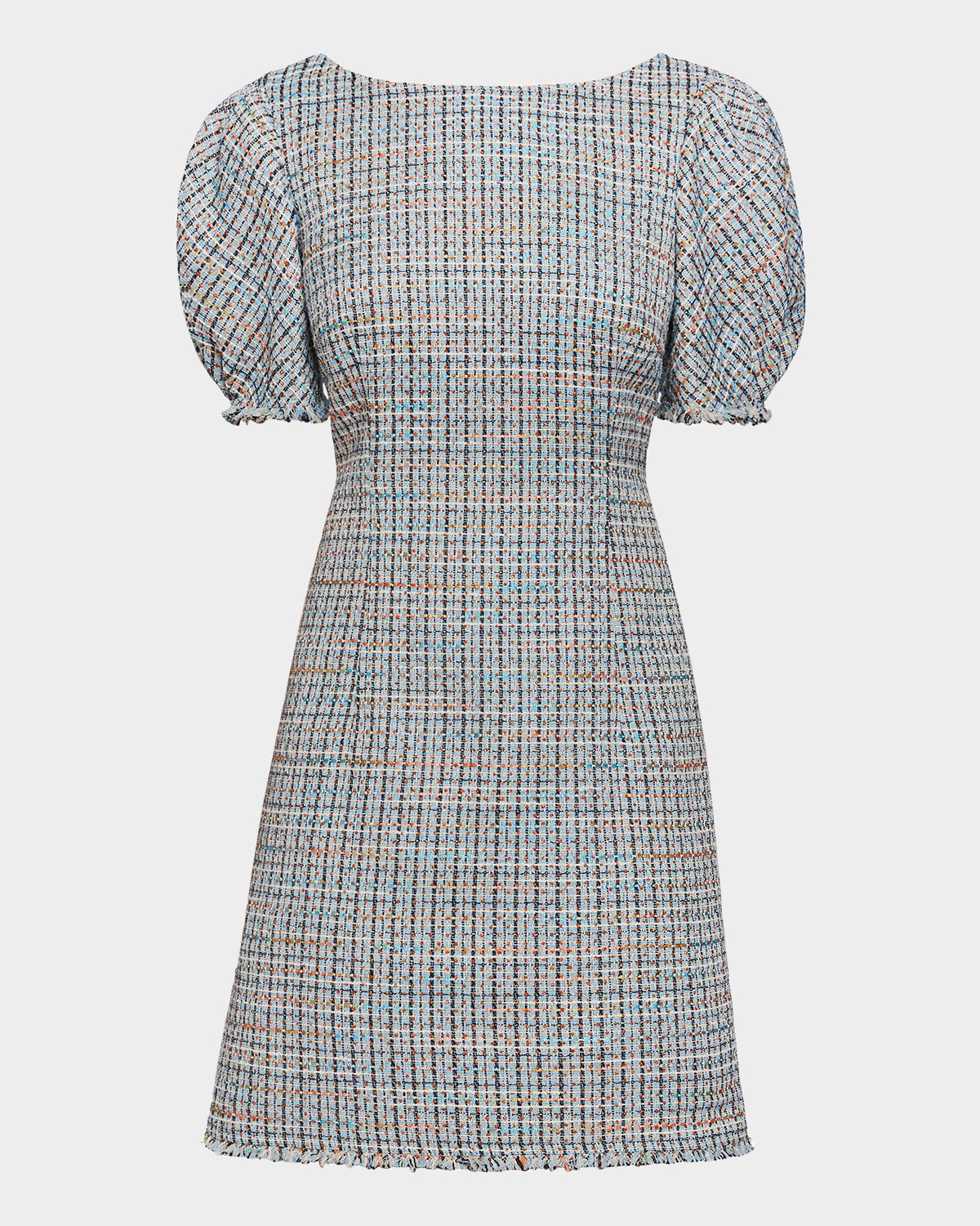 Santorelli Violet A-line Shift Dress With Puff Sleeves In Luxury Tweed With Lurex In Ocean Mist