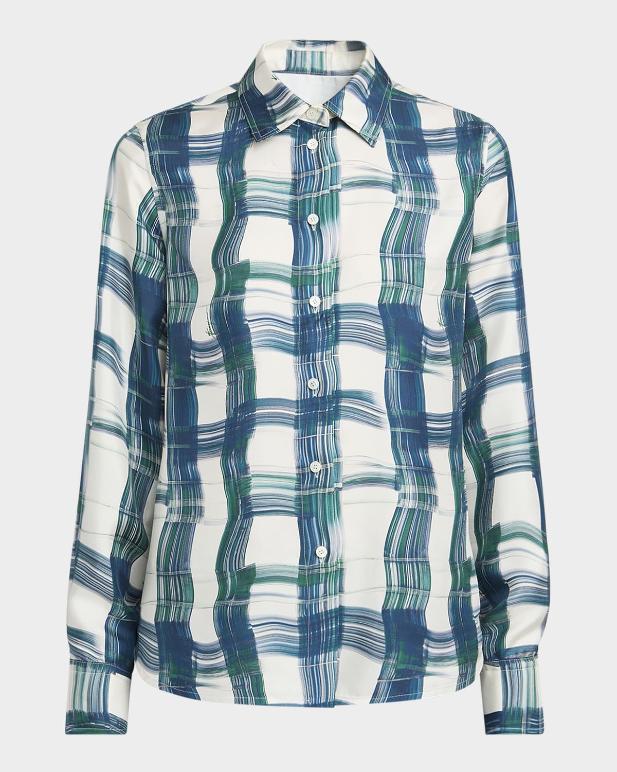 Ferragamo Brushstroke Check Button Down Silk Blouse