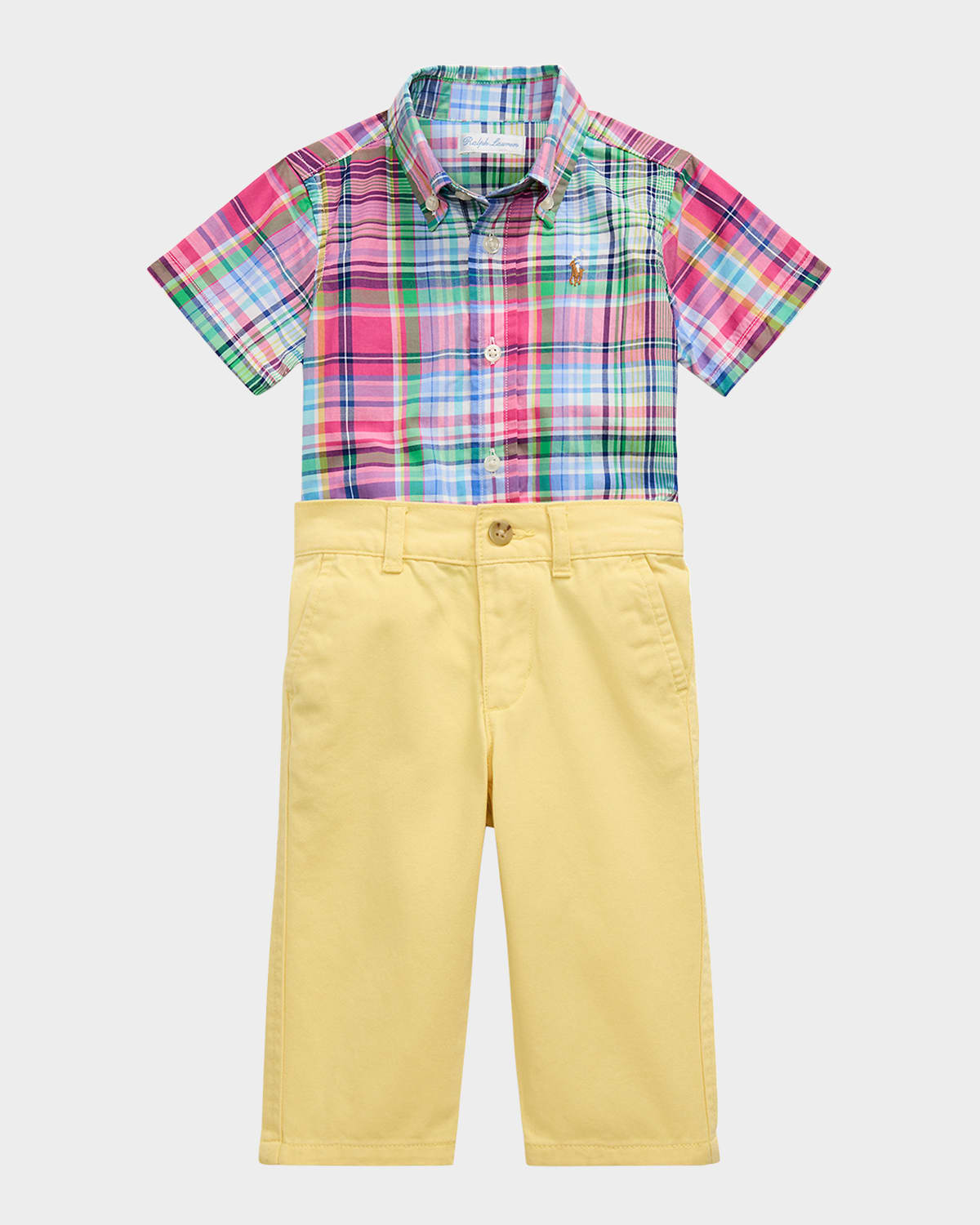 Shop Ralph Lauren Boy's Plaid Poplin Shirt And Chino Pants Set In Pink-blue Multi