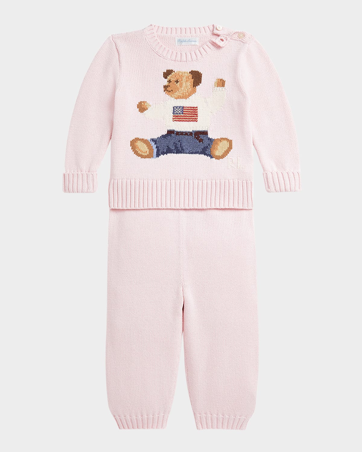 Ralph Lauren Girl's Flag Bear Intarsia Knit Sweater And Pants Set In Morning Pink