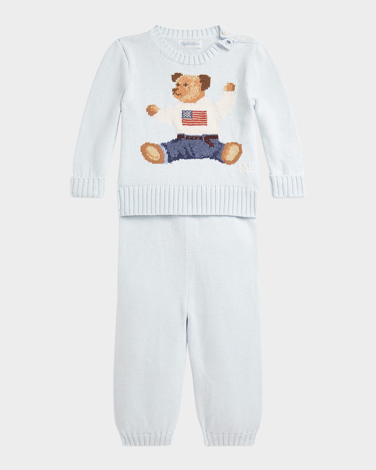 Ralph Lauren Boy's Flag Bear Intarsia Knit Sweater And Pants Set In Pearl Blue