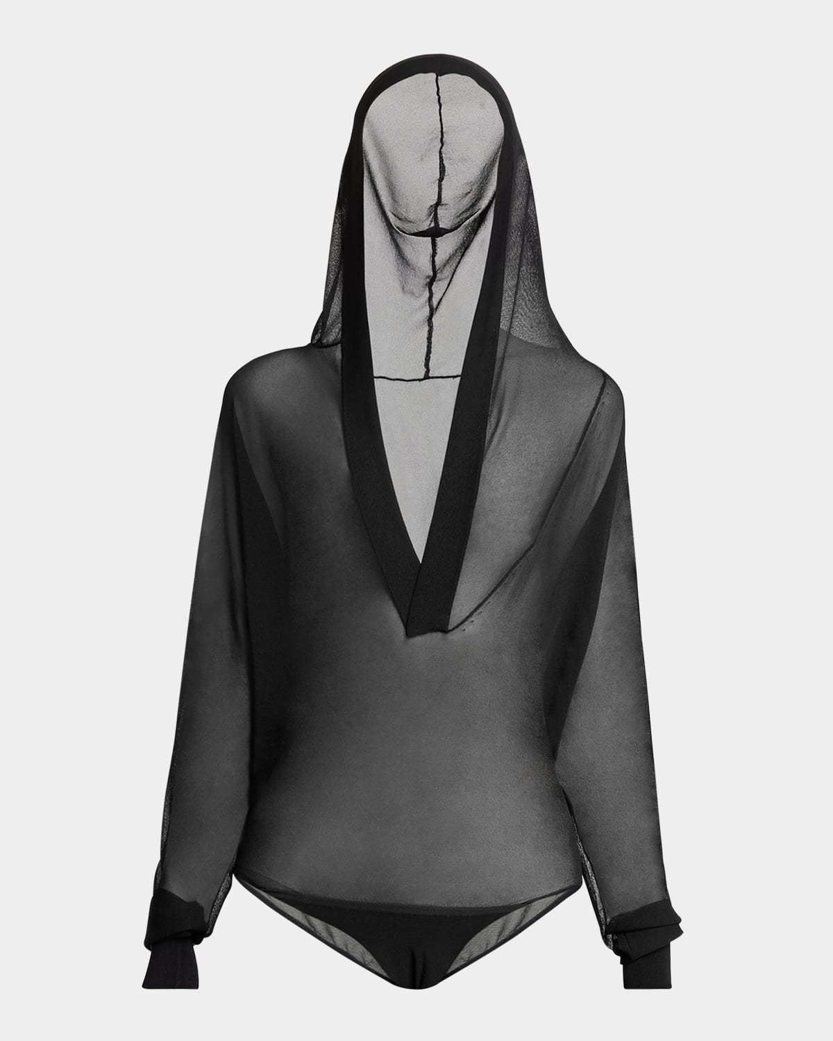 Alaïa Sheer V-neck Hooded Bodysuit In Noir Alaia