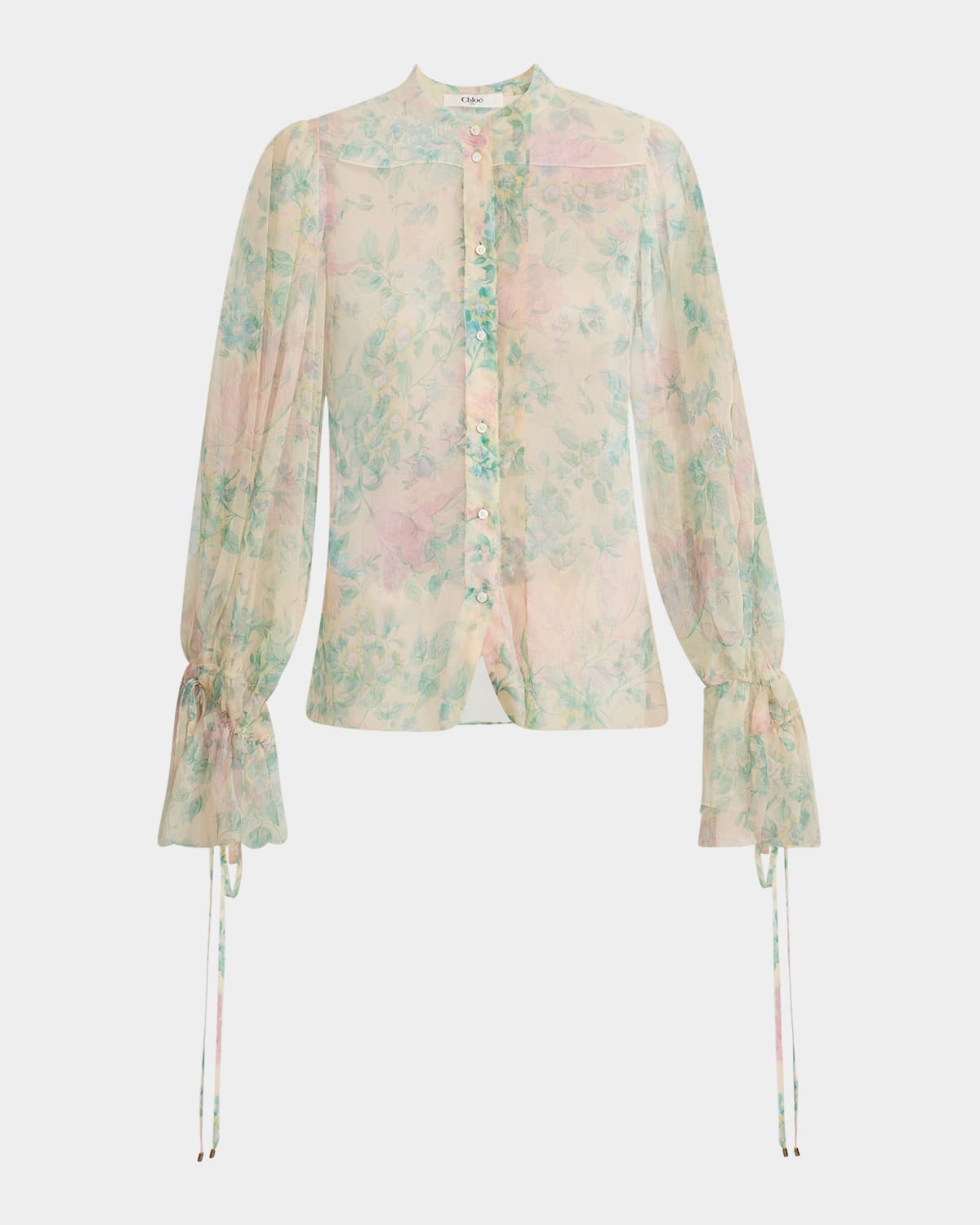 Chloé Floral Silk Balloon-sleeve Button-down Top In Seedpearl Beige
