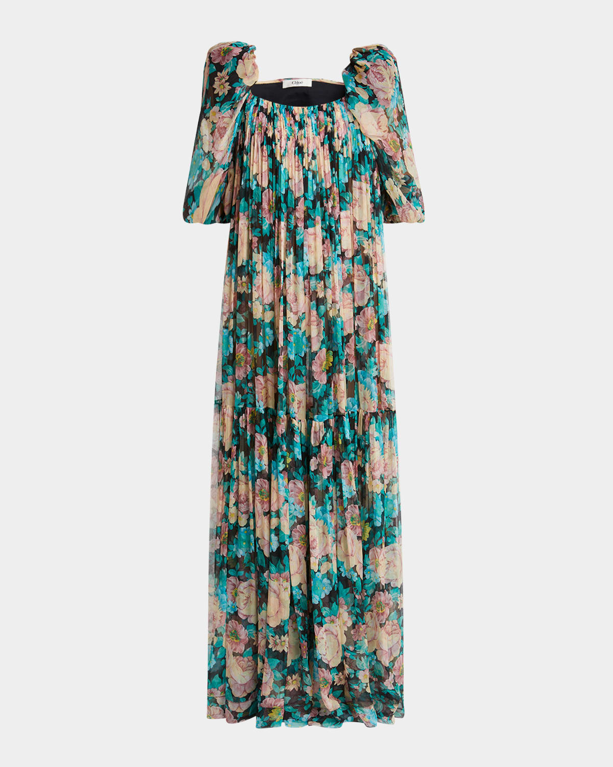 Chloé Chloe Floral-printed Silk-georgette Maxi Dress In Cloudy Turqoise