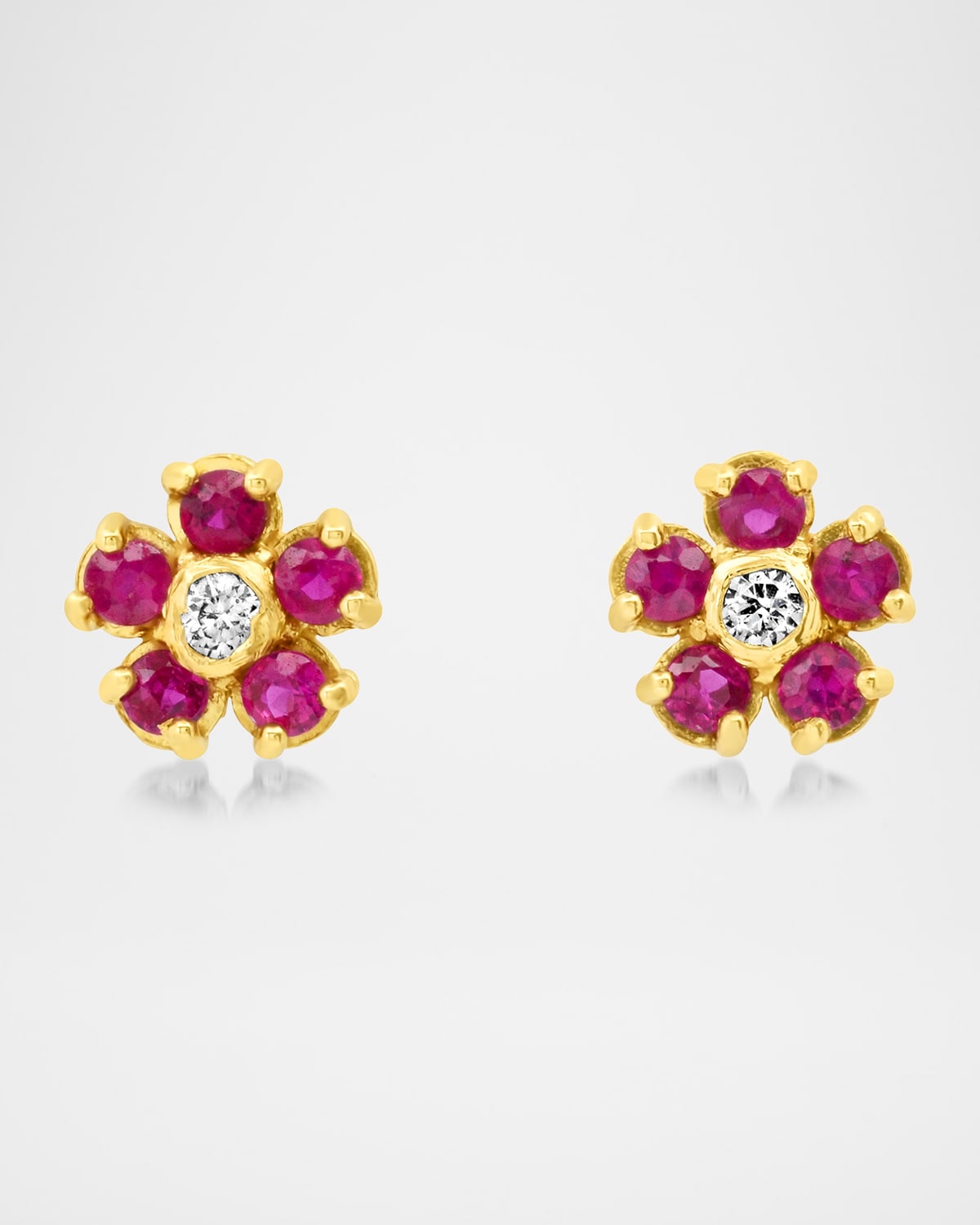 18K Yellow Gold Mini Flower Stud Earrings with Rubies and Diamonds