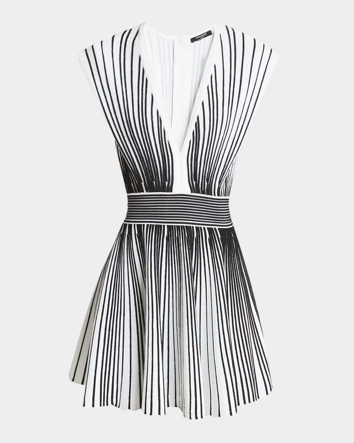 Balmain Plunging Flechage Knit Mini Flare Dress In Whiteblk