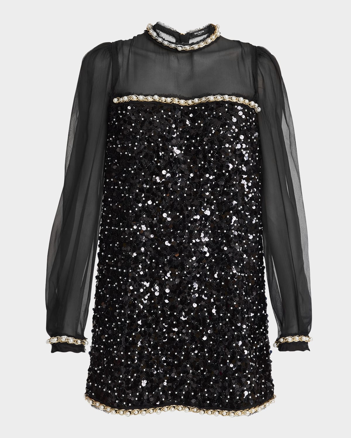 Balmain Pearly Chain Long-sleeve Sequined Mini Dress In Black Multi