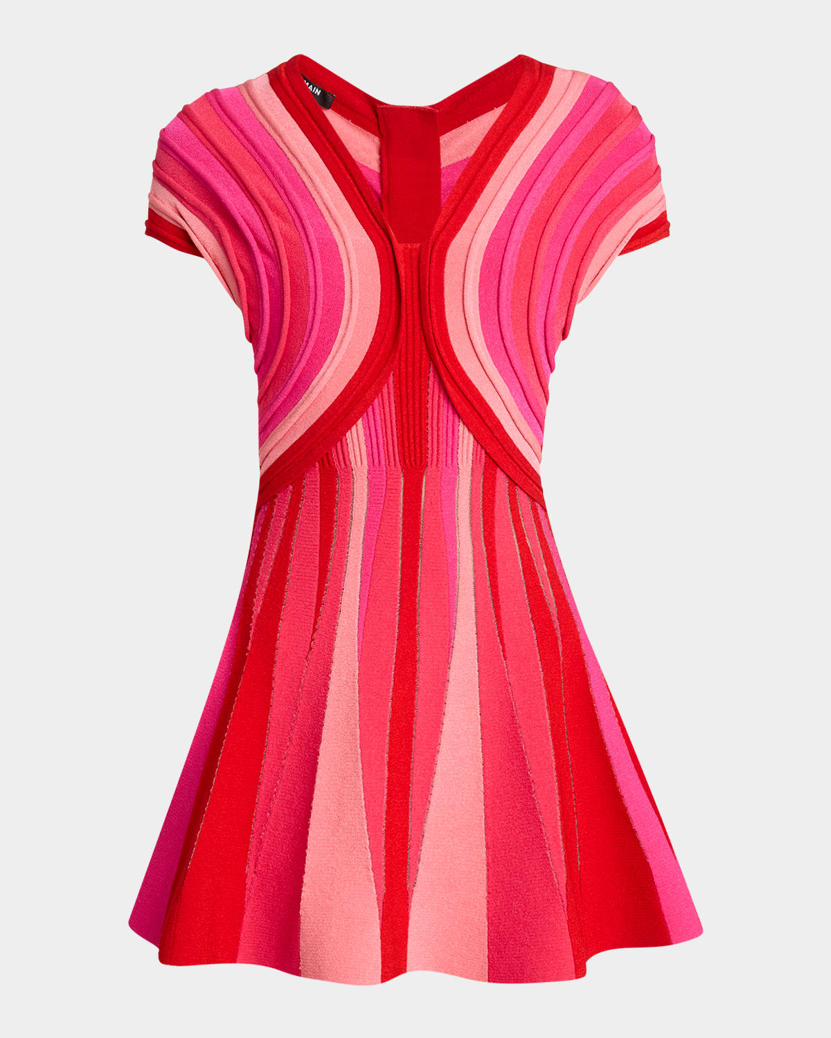 BALMAIN V-NECK ROLLED KNIT FLARE MINI DRESS 