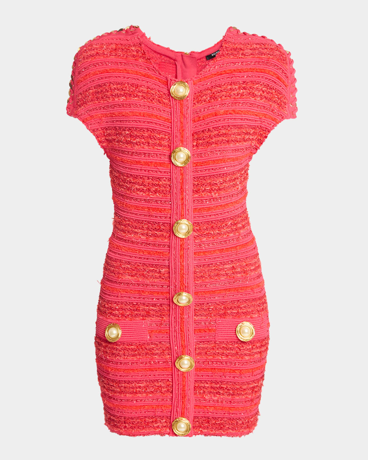 Balmain Chain Short-sleeve Tweed Mini Dress In Pink Multi