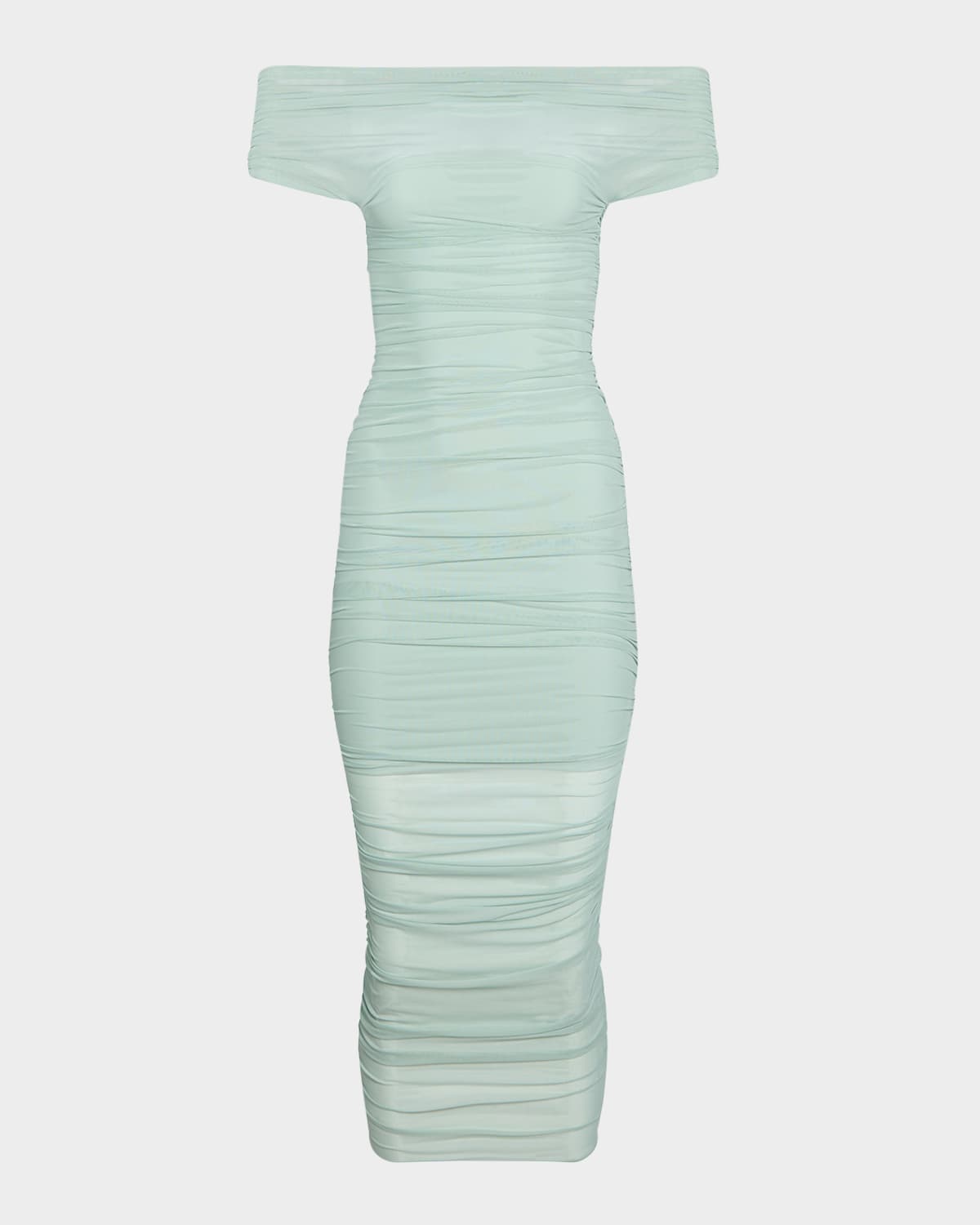 SER.O.YA NOEL OFF-SHOULDER RUCHED MESH MIDI DRESS 
