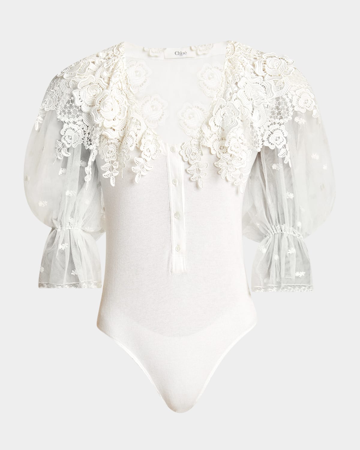 Chloé Puff-sleeve Guipure Lace Bodysuit