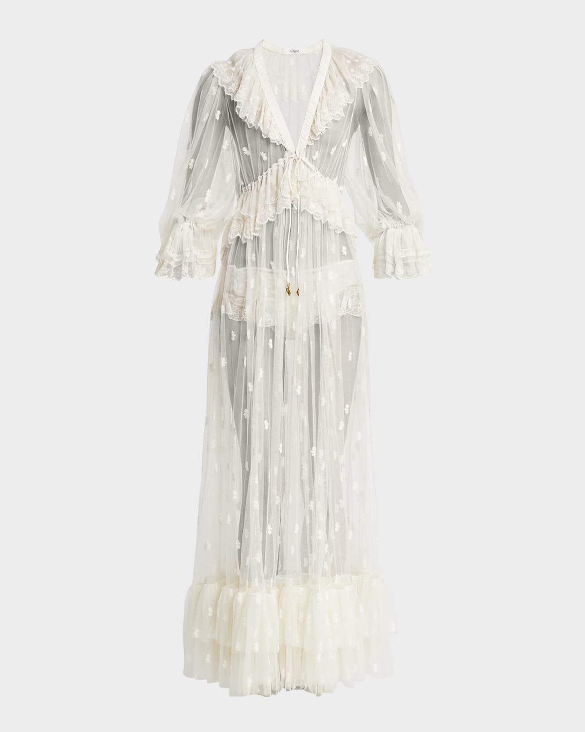 Chloé Long Lace Ruffled Drawstring Dress