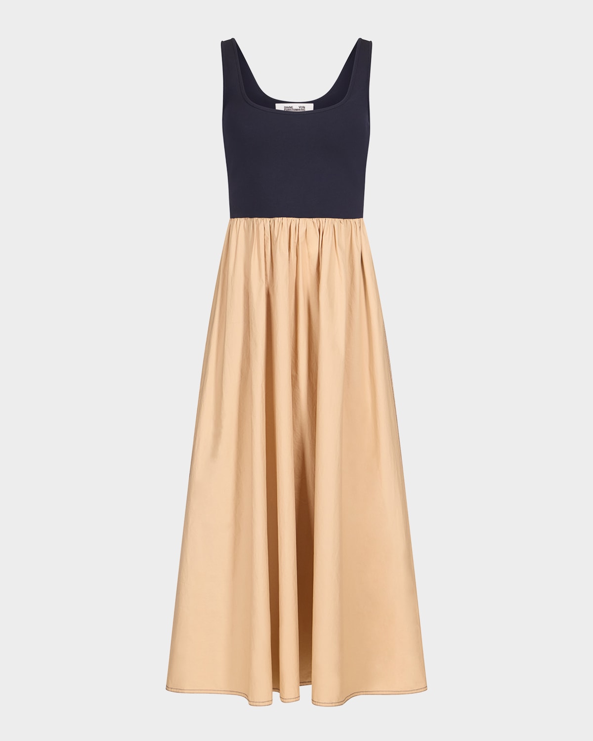 Diane Von Furstenberg Selena Sleeveless Ruched Colorblock Midi Dress In Khakiblack