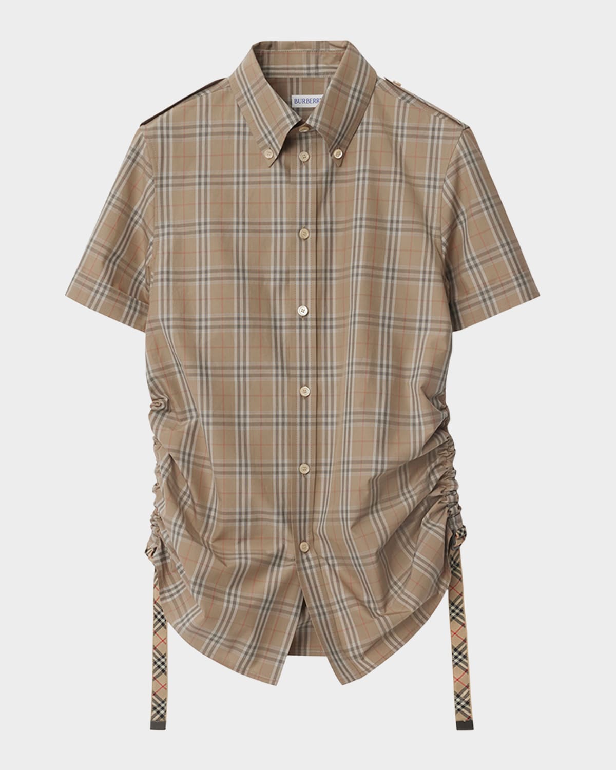 Burberry Check Shirt With Short Sleeves And Adjustable Side Ties In Nut Ip Check