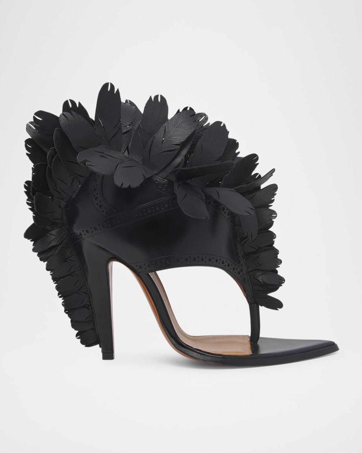 Alexander Mcqueen Leather Feather Thong Sandals In Black