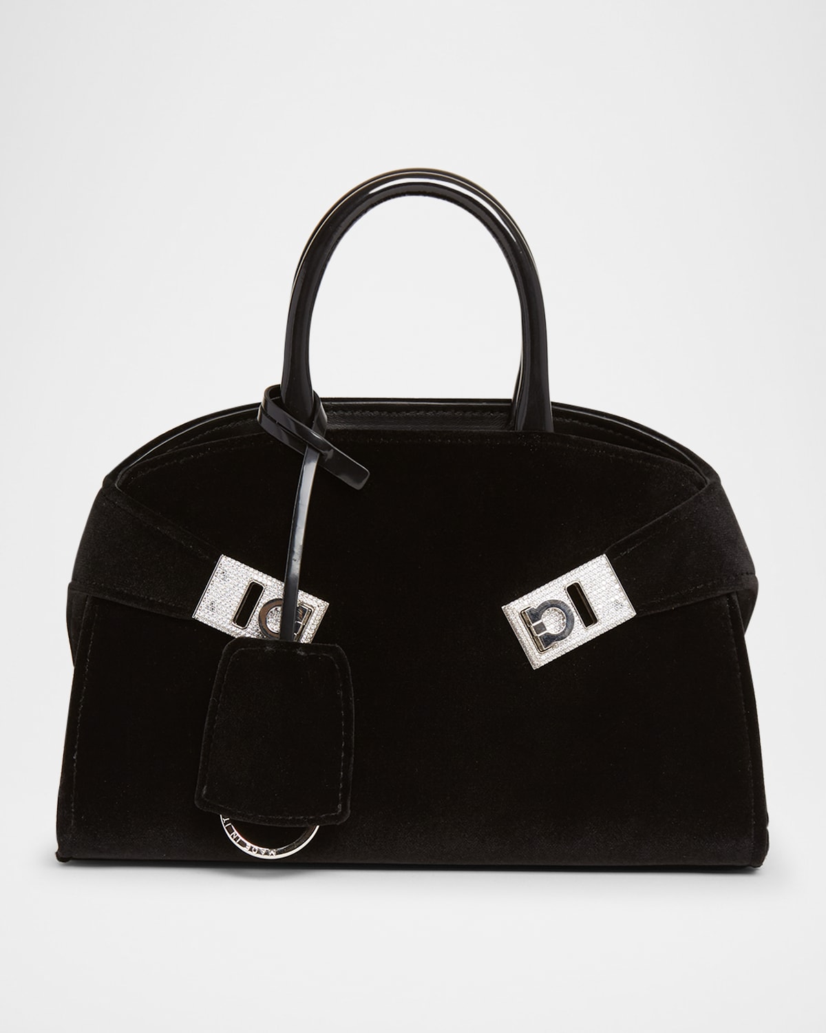 Ferragamo Hug Strass Velvet Top-handle Bag In Black