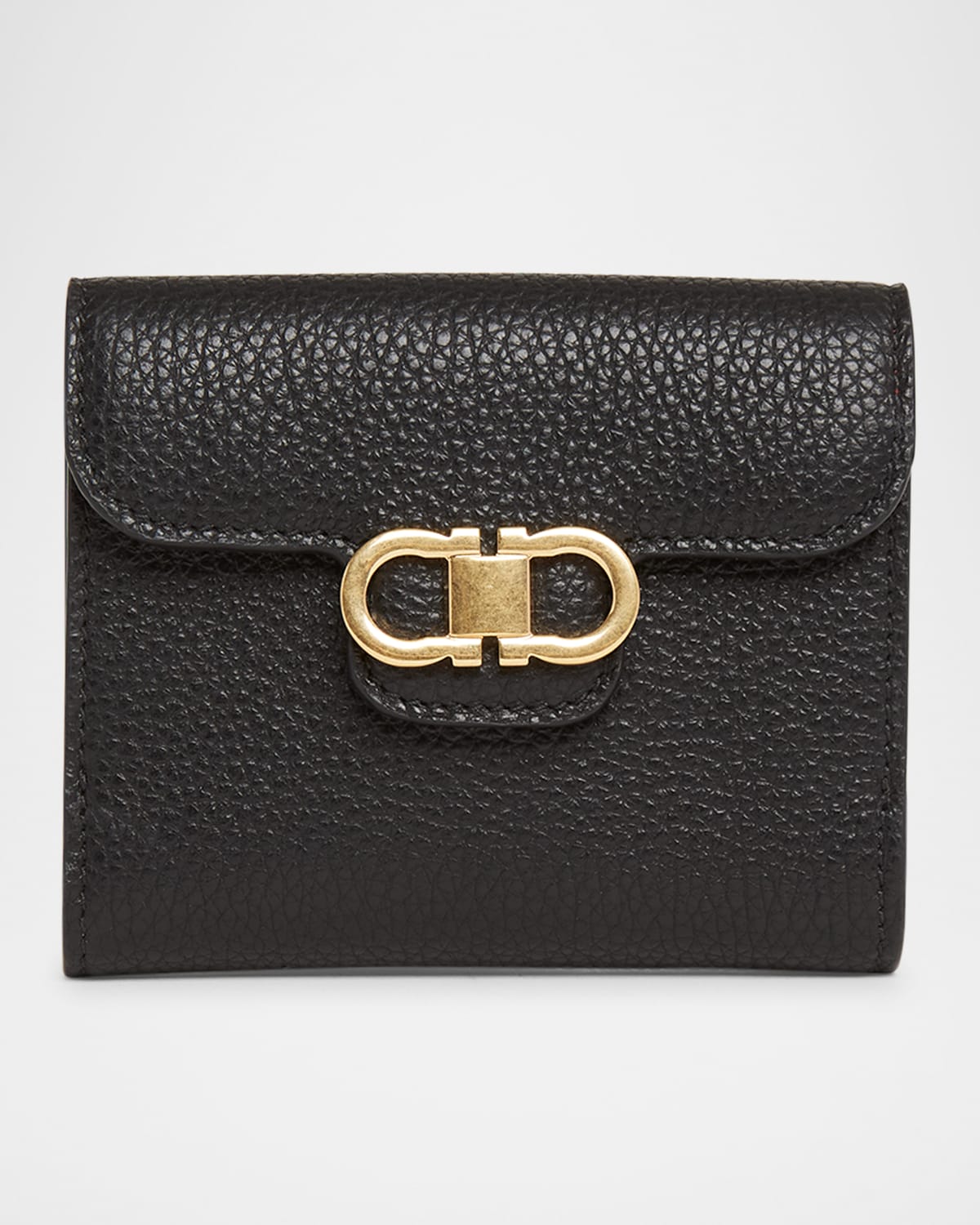 Ferragamo Double Gancio Grainy Leather Wallet In Black