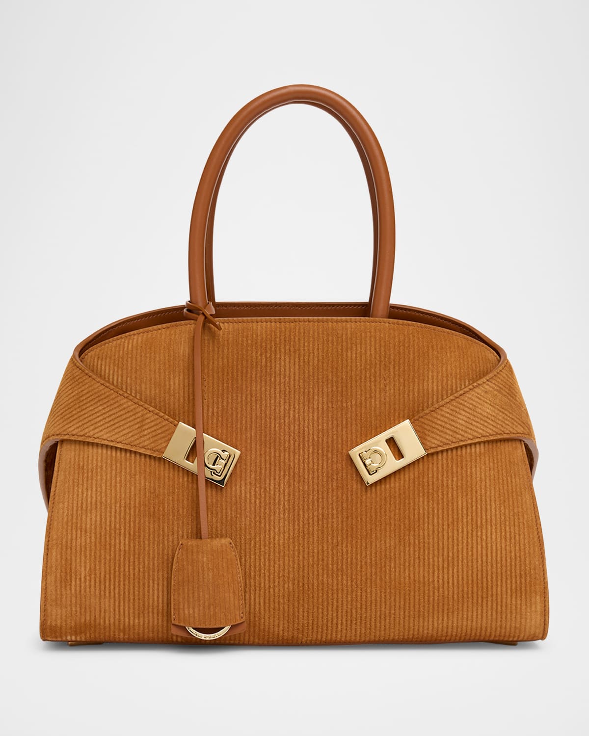 Ferragamo Hug Grainy Small Embellished Leather-trimmed Ribbed Suede Tote In Brown