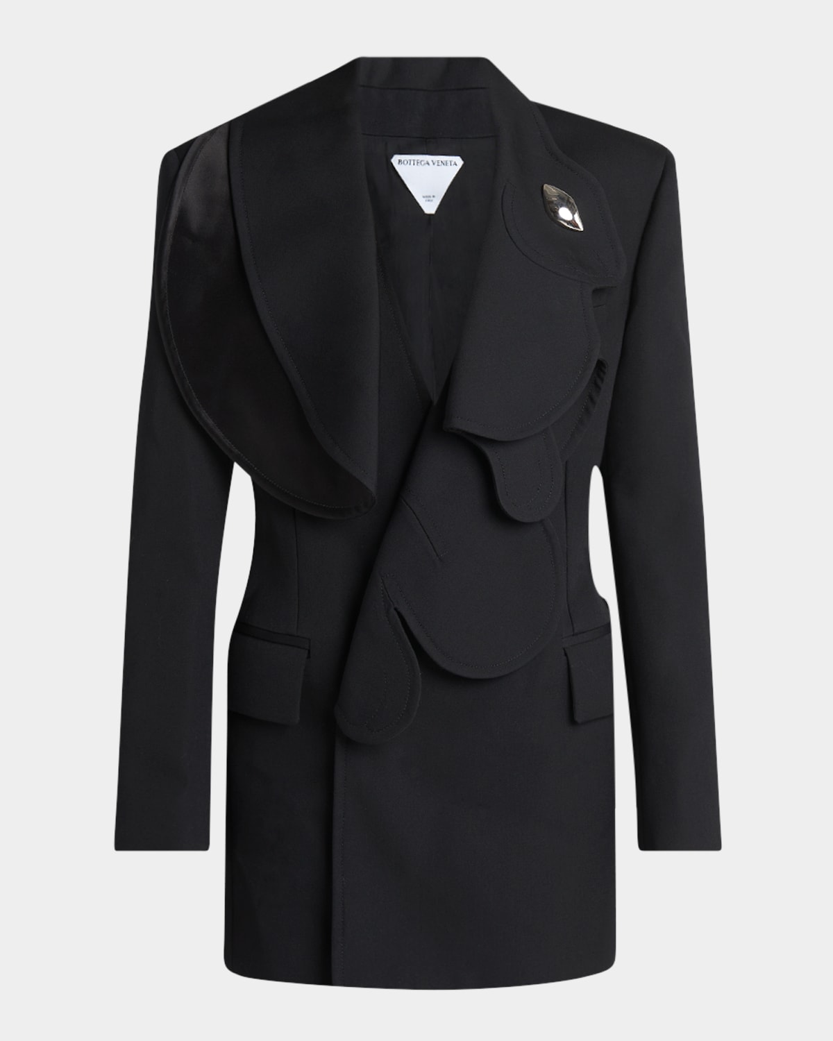 Bottega Veneta Bunny Lapel Brooch Compact Wool Jacket In Nero