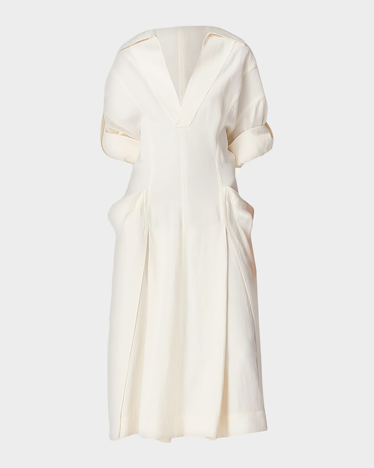 Shop Bottega Veneta Fit-and-flare Grainy Midi Dress With Frog Embellishments In Chalk Wht