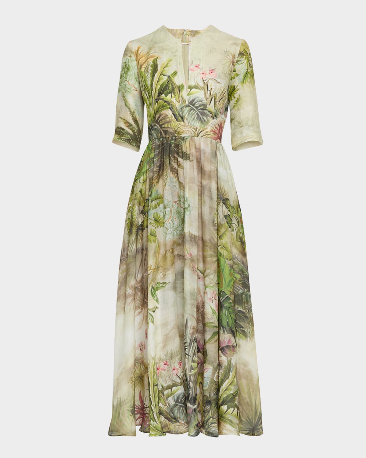 Elie Saab Printed Linen And Silk Midi Dress Oasis Ii38 Linen