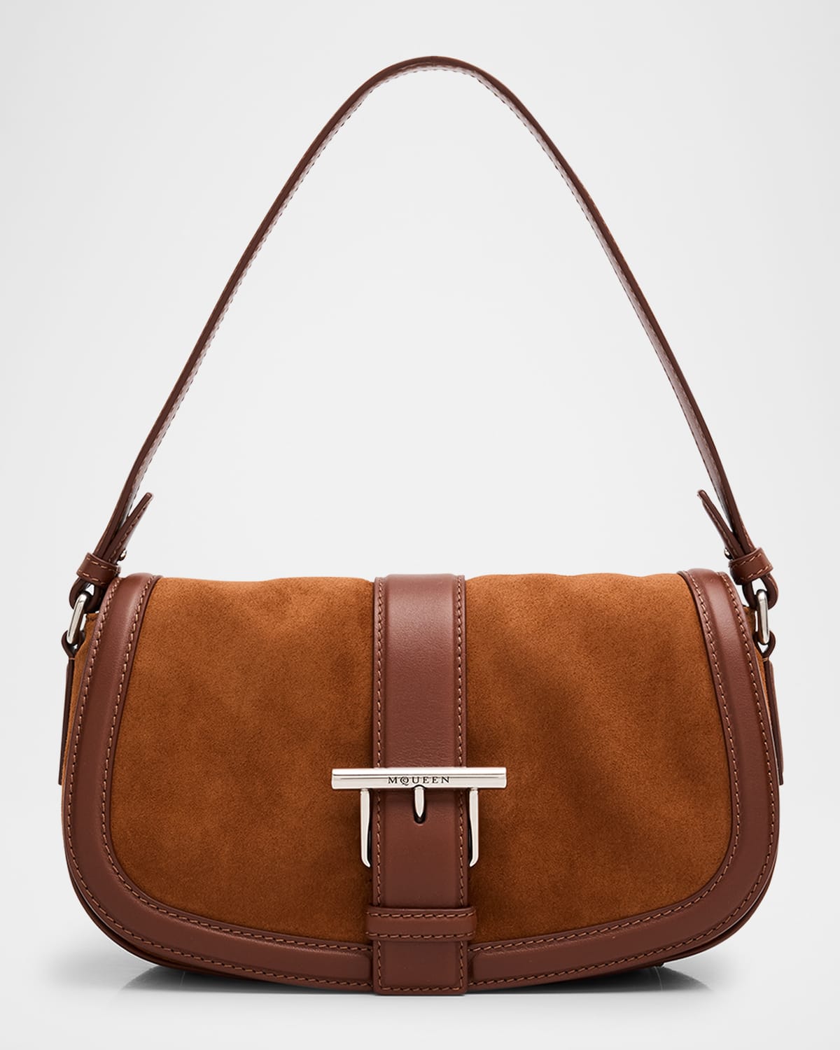 Alexander Mcqueen Satchel Brown Crossbody Bag With T-buckle And Embossed Logo In Suede Woman In Dark Brown Silver