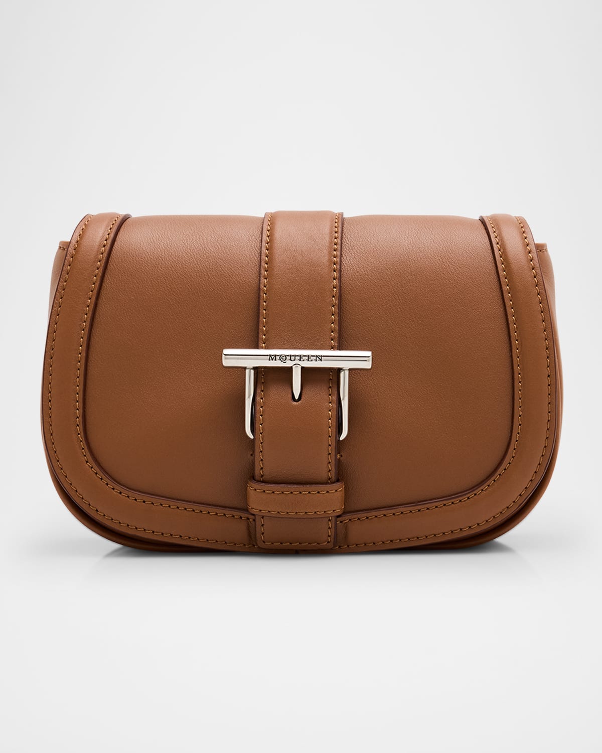 Alexander Mcqueen Mini T Bar Leather Saddle Crossbody Bag In Tan Silver