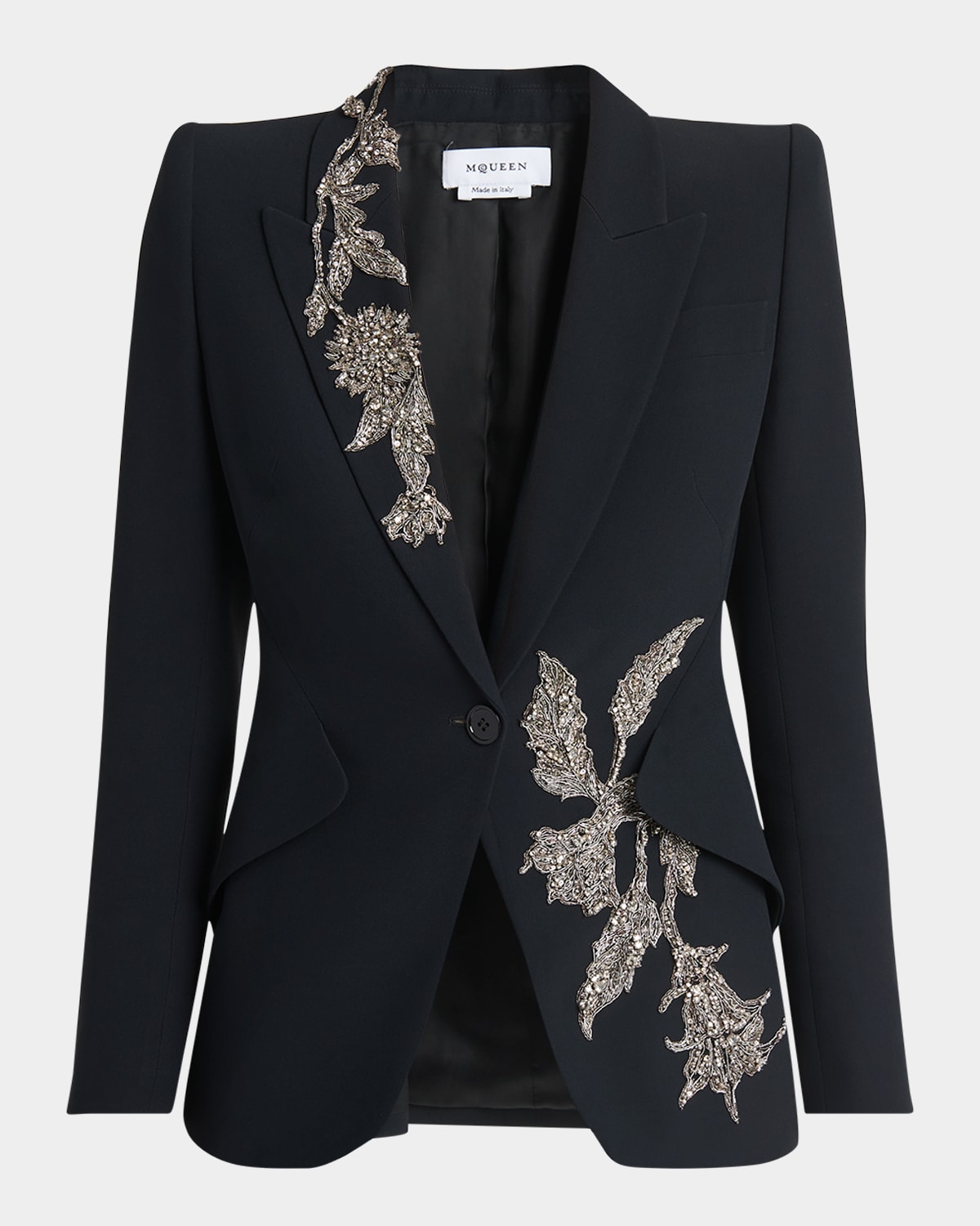 Alexander Mcqueen Floral Crystal One-button Crepe Blazer In Black