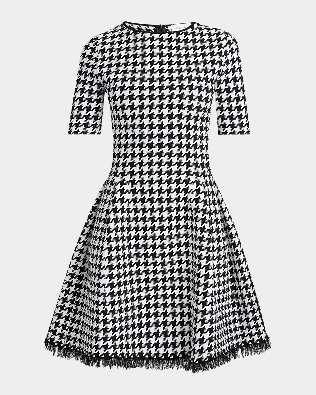 Alexander Mcqueen Fringe Trim Houndstooth Round Neckline Short Sleeves In Black Ivory