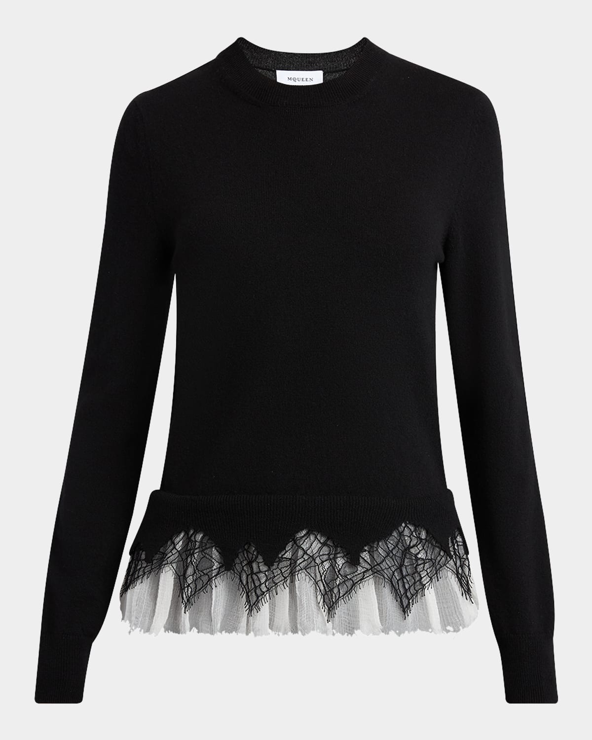 Alexander Mcqueen Lace Ruffle Crewneck Sweater In Black