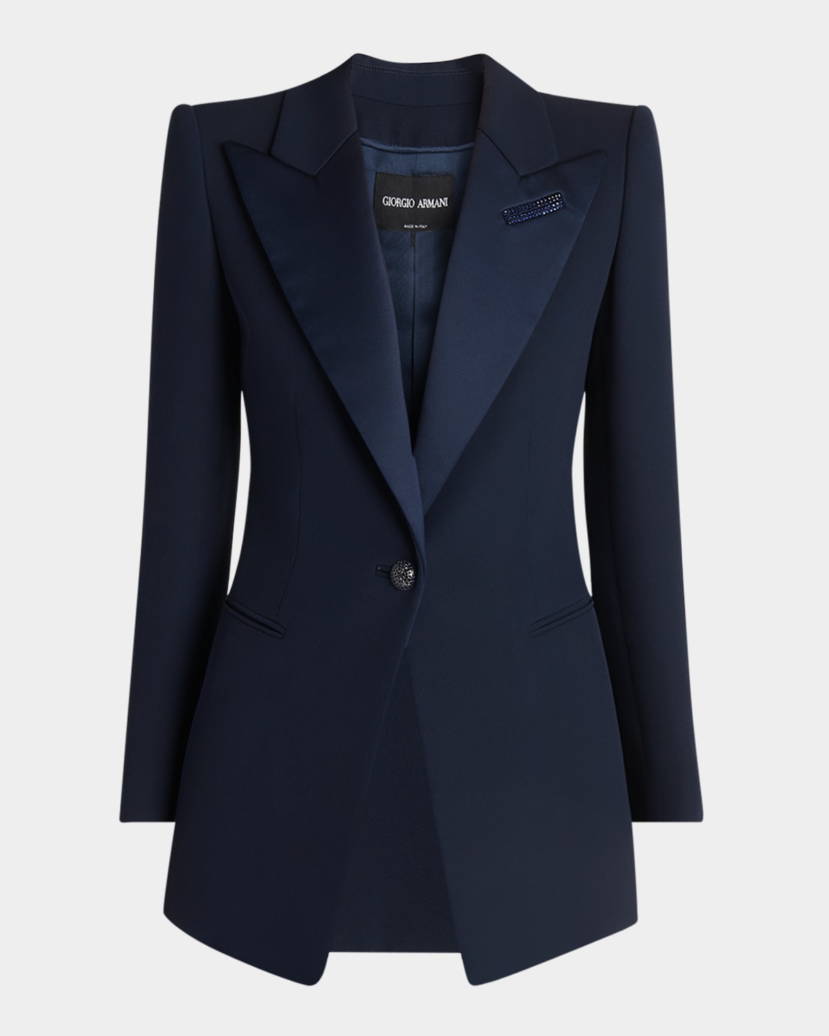 Giorgio Armani Embellished One-button Silk Long Tuxedo Jacket In Solid Blue Navy