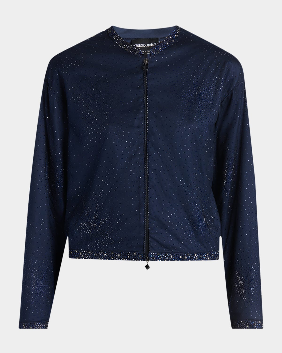 Giorgio Armani Embellished Tulle And Silk Bomber Jacket In Solid Blue Navy