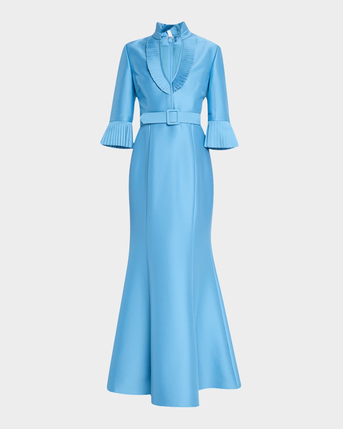 Badgley Mischka Pleated-trim Trumpet Mikado Gown In Azure