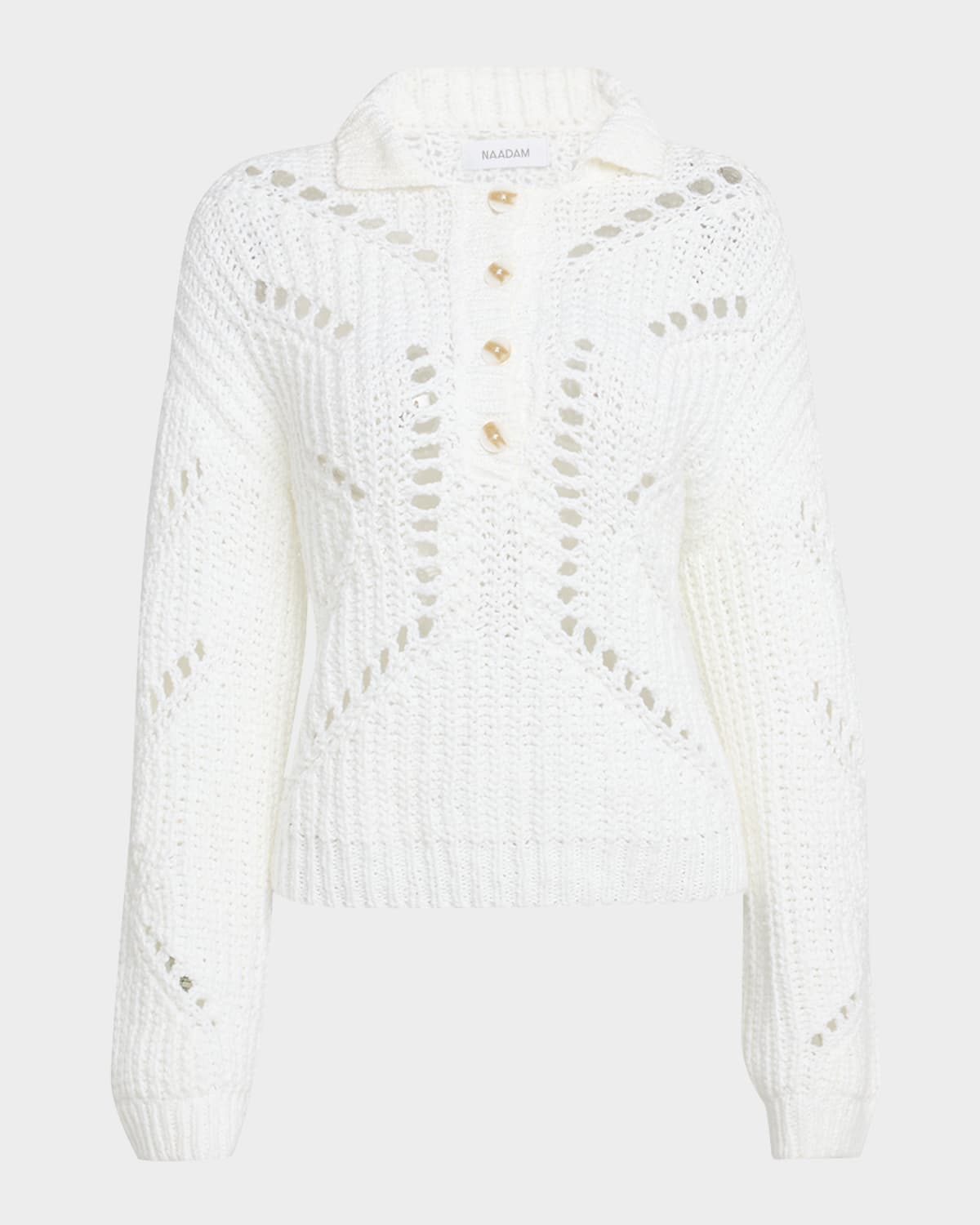 Naadam Ribbed Open-stitch Quarter Button Sweater In White