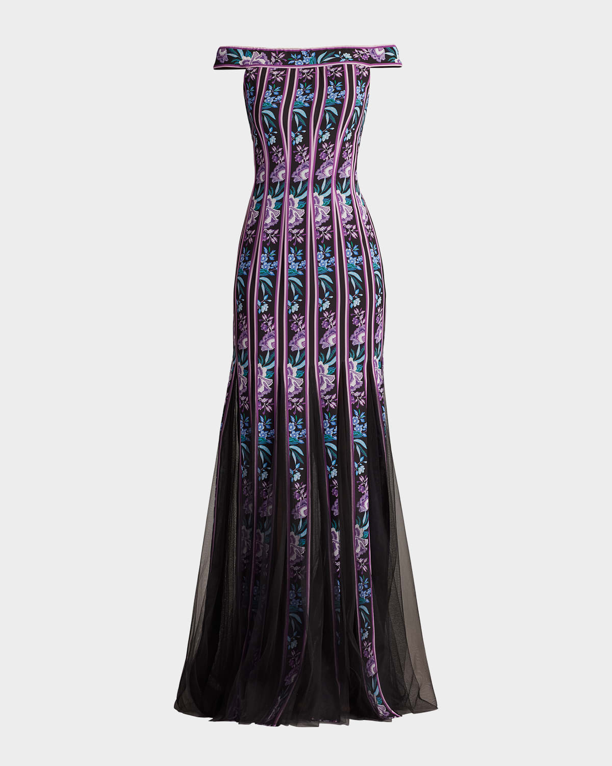 Tadashi Shoji Weston Floral Ribbon And Tulle Gown In Black Purple Floral