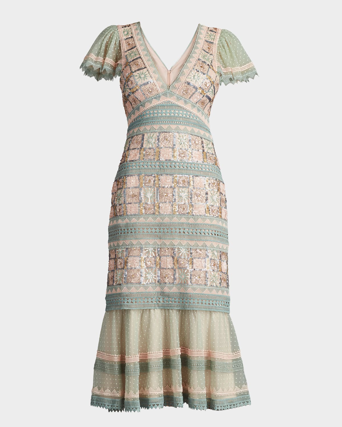 Flounce Geometric Sequin & Lace Midi Dress