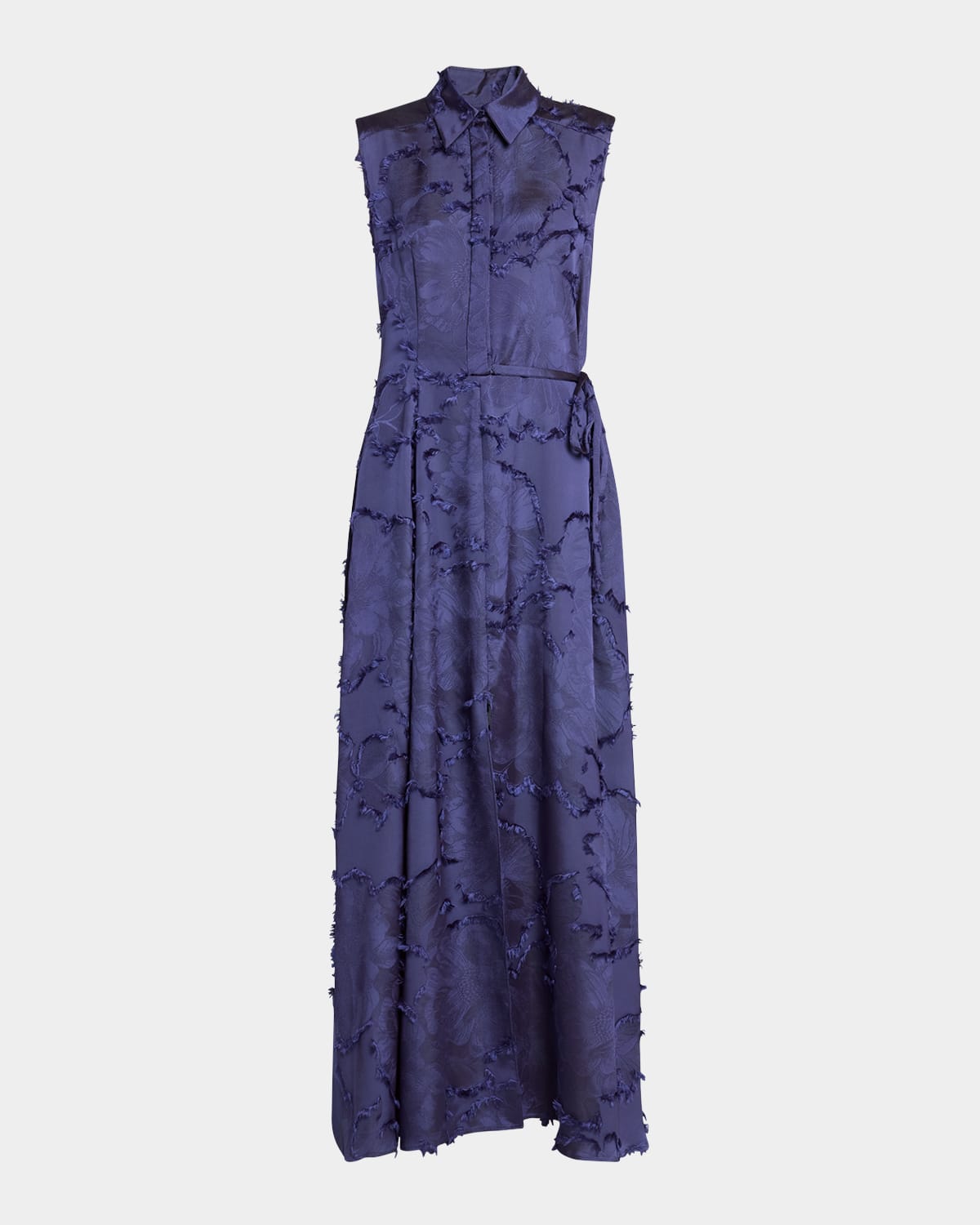Fringed Fil Coupe Satin Sleeveless Collared Gown